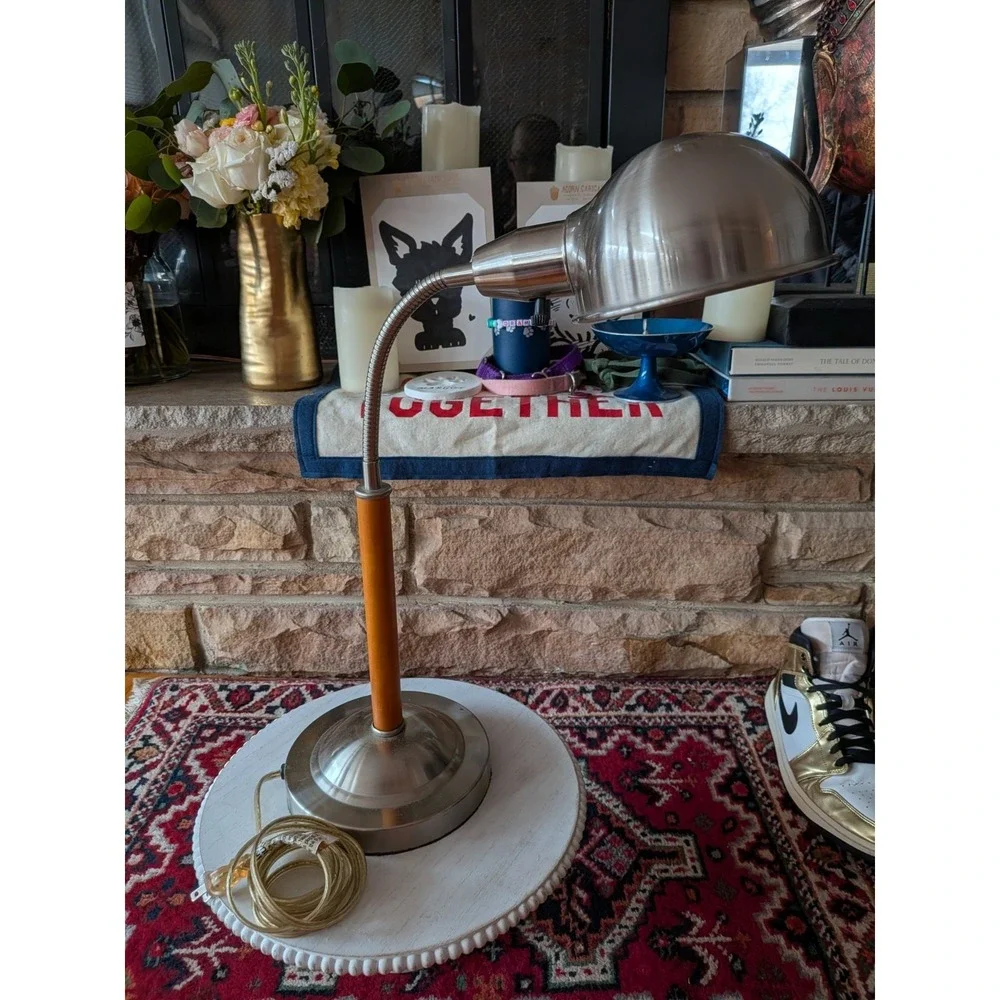 Vintage Mid-Century Gooseneck Desk Lamp – Brushed Nickel & Orange/Wood Tone Stem